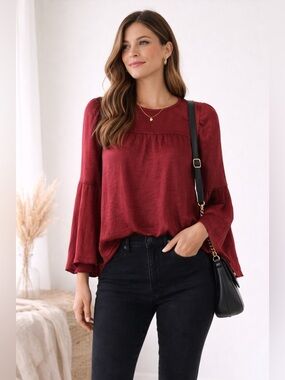 Halogen Rich Red Satin Blouse | Flowy Sleeve | Size Small